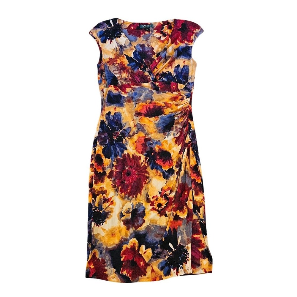 Lauren Ralph Lauren Floral Ruched Sheath Dress Burgundy Navy Mustard Size 8
